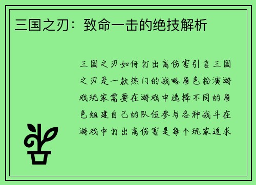 三国之刃：致命一击的绝技解析